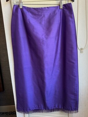 Clio Vintage Purple Silk Midi Skirt with Beaded Fringe Hem Size Small US 6